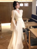 Girlary Autumn Solid Pleated Long Dresses for Women Halter V-neck Flare Sleeve Wedding Party Dress Korean Fashion One Piece Vestidos New