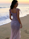 Girlary Elegant Purple Fairy Beach Dress Sexy Spaghetti Strap Ruffle Slim Evening Dresses Summer Holiday Vestidos Long Robe New Outfits