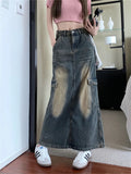 Girlary High Street Jeanswear Maxi Skirts Women Autumn Split Chic Office Lady Denim A-Line Office Lady Slim New Daily