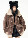 Girlary Contrast Color Streetwear Fashion Fluffy Warm Jackets Y2k Aesthetic All Match Horn Button Tops Casual Grunge Loose Coats Women