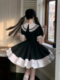 Girlary Black Dress Women Bow Japanese Cute Lolita Dress Women Sweet lace Puff Sleeve Student Dresses Party Sailor Collar Kawaii Dress