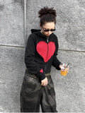 Girlary Harajuku Style Zipper Cropped Hoodies Women Grunge Black Heart Embroidery Hooded Sweatshirts Vintage Streetwear Y2k Top