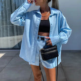 Girlary New Fashion Casual Long Sleeve High Street 2pc Set Spring Summer Solid Color Commute Set Women Lapel Button Shirt+Shorts Outfits