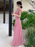 Girlary New Elegant Fashion Summer Pleats Dresses for Women Drawstring Evening Party Korean Pink Bodycon Female Clothing