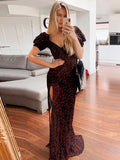 Girlary Fashion Summer Short Sleeve Printed Holiday Dress High Street 2024 Female High Waist Tunics Split Long Maxi Party Dresses Black