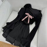 Girlary Winter Korean Fashion Square Neck Black Dress Women Autumn Design Long Sleeve Bow Knit Dresses Elegant Chic Slim Thin Dress New