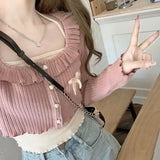 Girlary Kawail Cropped Knitted Cardigan Bow Slim Sweater Japanese Fashion Women's Aesthetic Knitwear Spring Cute Sweet Preppy