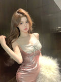 Girlary Dresses Women Spaghetti Strap Sexy Rhinestone V Neck Ruched Stretch Bodycon Dress Ladies Elegant Party Clubwear