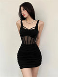 Girlary Sexy Black Perspective Short Dress Summer Fashion Elegant Evening Party Slim Dresses Women'S Sleeveless Runway Clothes New