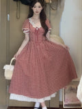 Girlary Elegant Red Plaid Midi Dresses for Women Lace Patchwork V-neck A-line Sweet Casual Summer New Party Dress Kawaii Vestidos Mujer