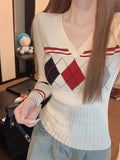 Girlary Vintage V Neck Sweater Women Coquette Diamond Patterned Knitted Pullover Sweet Christmas Sueter Mujer Long Sleeve Tops