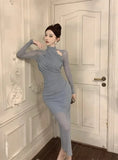 Girlary Women Dresses Sexy Elegant Mesh Patchwork Hollow Out Stand Collar Irregular Long Sleeve Party Dress Female Temperament