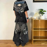 Girlary New American Harajuku retro skull print straight high waist Y2K women's washed grey jeans Streetwear Gothic wide trousers