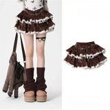 Girlary Brown Kawaii Corduroy Skirt Women Korean Style Sweet Cake Mini Skirt Lace Spliced Black High Waist Ruffle Short Skirts