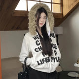 Girlary cute winter outfits Korean High Street Retro Letters And Fluffy Collar Gray Cardigan Women's Y2K New Harajuku Goth Slim Casual Joker Zipper Hoodie