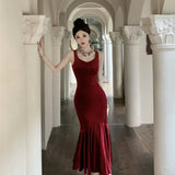 Girlary Sexy French Velvet Backless Sleeveless Midi Dresses for Women Autumn Winter Elegant Wedding Party Mermaid Female Clothing