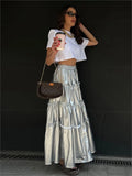 Girlary New Silver Metal Tiered Midi Skirt Women Chic High Waist Loose Fashion A-line Faldas Bottom Femme Streetwear Fashion Skirts