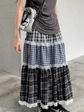 Girlary Vintage Harajuku Lace Plaid Skirt Women Preppy Style Long Skirts Autumn Winter Streetwear Retro A-line Ruffle Skirts