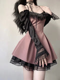 Girlary Sexy Hot Girl Outfits Lace Panel Long Sleeve Pink Mesh Dress Women Summer New Goth Slim Club Party Dresses Women