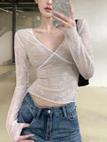 Girlary Spring Slim Tees High Waist V-Neck Spring Florals Lace New Hot Girls 2024 Office Lady Full Sleeve Casual Party T-Shirts