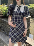 Girlary Fashion New Women Elegant Plaid Preppy Style Dress Vintage Chic Slim Party Birthday Clothes Spring Summer Female Vestidos