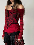 Girlary Gothic Off Shoulder Women T-shirts Red Harajuku Striped Japanese Y2k AestheticLong Sleeve Tops Vintage Goth Sexy Tshirts