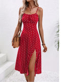 Girlary 2024 Summer Sexy Spaghetti Straps Dress Women Fashion Polka Dot Print Sleeveless Slit Dress Boho Casual Beach Midi Dresses