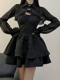 Girlary Summer Black Gothic Lolita Short Party Suits Women Long Sleeve Coat + Pure Color Mini Dress Fashion High Waist Outfits Chic