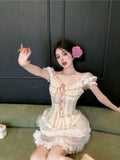 Girlary Sweet Kawaii 2 Piece Skirt Sets Women Casual Y2k Corset Tops + Lace Mini Skirts Japanese Lolita Suits Female Elegant Clothing