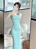 Girlary Korean Elegant Party Sleeveless Midi Dresses for Women Summer New Bodycon Backless Split Evening Birthday Female Clothing