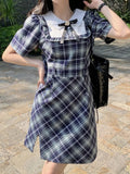 Girlary Fashion New Women Elegant Plaid Preppy Style Dress Vintage Chic Slim Party Birthday Clothes Spring Summer Female Vestidos