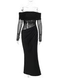 Girlary See-through Mesh Patchwork Long Dress Women's Sexy One Shoulder Party Dress Solid Color Hollow Long Sleeve Long Dress