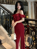 Girlary Elegant Off Shoulder Spaghetti Strap Dress Slash Neck Split Evening Party Prom Dresses Ruffles Bodycon Vestidos Female Outfits