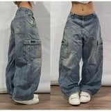 Girlary party look snspos 90s Harajuku Retro Hip-hop Pocket Tooling High-quality Jeans Y2K Baggy Women's Jeans Gothic New Wide-leg Sweatpants Street Wear