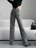 Girlary Retro Leopard Print Jeans for Women Elegant Ladies Gray Denim Pants Wide Leg Hip Hop Streetwear Y2k Fashion Mom Vintage Jeans