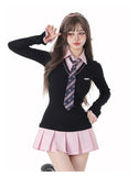 Girlary Women Kpop Mini Black Pink Preppy Style Long Sleeve Shirts Dress With Tie Gyaru 2000s Aesthetic Japanese Y2k Girl One-Piece New