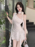 Girlary party look snspos Mini Dresses Women Sleeveless Flowers Ribbon Irregular Off Shoulder Slim Summer New Sexy Party Dress Female Elegant