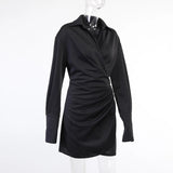 Girlary Fashion Lapel Commute Pleated Slim Shirt Dress Elegant Solid Color Long Sleeve Dress Lady Spring Satin Irregular Slim Mini Dress