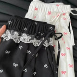 Girlary Women's Spliced Lace Streetwear Wide Leg Pants Bow Printed Drawstring Harajuku Baggy Trousers High Waist Korean Style Pants