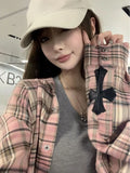 Girlary Pink Plaid Shirt Women Cross Button Up Blouses Female High Street Long Sleeve Tops Hippie Autumn Oversize Streetwear Ins