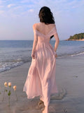 Girlary France Elegant Backless Chiffon Beach Dresses Korean Chic A-line Pink Fairy Dress Summer Casual Vocation Party Club Vestidos