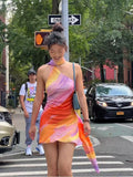 Girlary Vacation Style Sweet and Spicy Dopamine Rainbow Backless Ribbon Hanging Neck Dress