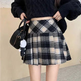 Girlary Plaid Wool Skirt Vintage Kawaii Sweet Korean Fashion Mini Skirts Preppy Style Cute Autumn Winter Patchwork Short Skirts