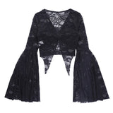 Girlary Dark Lace See Through Mall Gothic Women T-shirts Emo Sexy Grunge Aesthetic Flare Sleeve Crop Tops Y2k Black V-neck Alt Tees