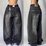 Girlary Y2K Vintage 90s Fashion Wing Pattern Baggy Jeans Women's New Harajuku Gothic High Waist Wide Leg Wide Trousers