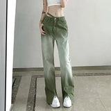 Girlary Streetwear Fashion Women Gradient Jeans Spring Autumn Hip Hop Loose Trousers High Waist Loose Y2k Straight Wide Leg Split Pants