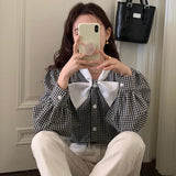 Girlary Spring Plaid Blouses Ribbon Chiffon Shirts Japanese Solid Color Slim Elegant Feminino Camisas Autumn