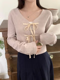 Girlary V Neck Lace Up Bow Cardigans Femme Gentle Y2k Sweater Spring New Womens Clothing Full Sleeve Crop Knitwears Tops