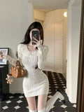 Girlary Autumn Elegant Slim Knitting Lace Dress Women Sexy Bodycon Y2k Mini Dress Casual Short Party Korean Fashion Dress Design