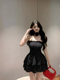 Girlary Black Polka Dot Strapless Dress Pure Desire Elastic Chest High Waist Mini Dresses Sexy Contrast A Line Women Clothing